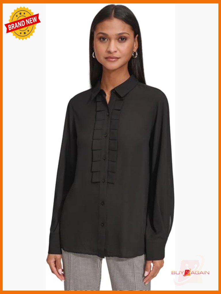 Long Sleeve Button Down Blouse With Ruffle Front Collar Regular Fit